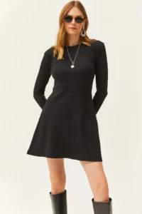 Olalook Women's Black Crew Neck Skirt Flared Corduroy Dress