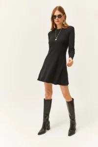 Olalook Women's Black Crew Neck Skirt Flared Corduroy Dress - Image 2