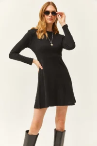 Olalook Women's Black Crew Neck Skirt Flared Corduroy Dress - Image 3