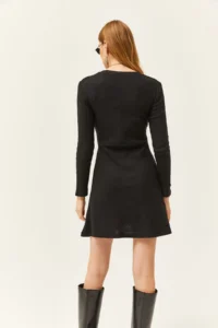 Olalook Women's Black Crew Neck Skirt Flared Corduroy Dress - Image 4