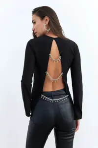 Cool & Sexy Women Black Low-cut back with accessories Blouse
