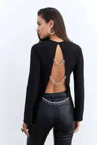 Cool & Sexy Women Black Low-cut back with accessories Blouse - Image 2