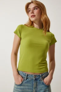 Happiness İstanbul Women's Oil Green Crew Neck Basic Sandy T-Shirt - Image 2