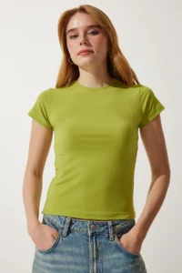 Happiness İstanbul Women's Oil Green Crew Neck Basic Sandy T-Shirt - Image 3