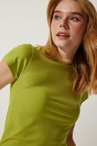 Happiness İstanbul Women's Oil Green Crew Neck Basic Sandy T-Shirt - Image 4