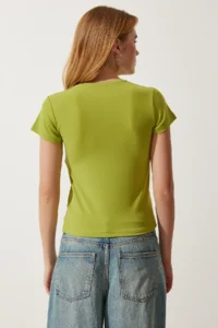 Happiness İstanbul Women's Oil Green Crew Neck Basic Sandy T-Shirt - Image 6