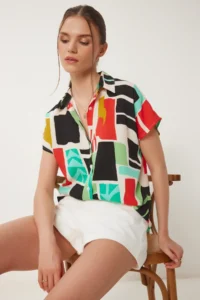 Happiness İstanbul Women's Black Green Patterned Short Sleeve Viscose Shirt
