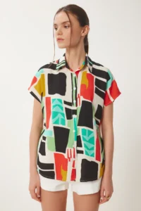 Happiness İstanbul Women's Black Green Patterned Short Sleeve Viscose Shirt - Image 3