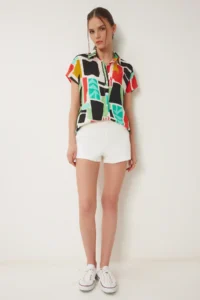Happiness İstanbul Women's Black Green Patterned Short Sleeve Viscose Shirt - Image 4