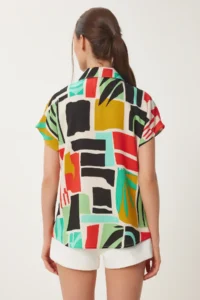 Happiness İstanbul Women's Black Green Patterned Short Sleeve Viscose Shirt - Image 5