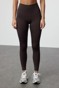 TRENDYOLMİLLA Dark Brown Wide Waist Elastic Extra Shaping Full Size Knitting Sports Leggings - Image 3