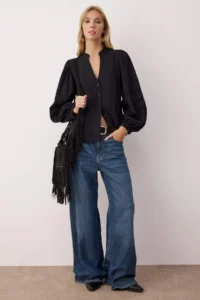 TRENDYOLMİLLA Black Sleeves Lace Stripe Detailed Boho Shirt - Image 3