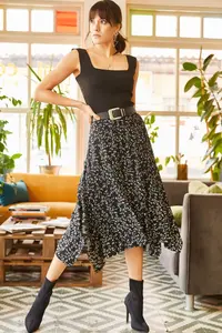 Olalook Women Black Asymmetric Patterned Skirt