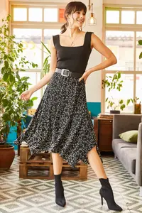 Olalook Women Black Asymmetric Patterned Skirt - Image 2