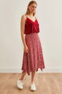Olalook Women's Daisy Red Asymmetrical Patterned Skirt
