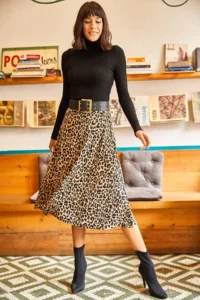 Olalook Women's Mink Leopard Elastic Waist Suede Textured Bell Skirt - Image 2