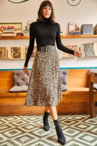 Olalook Women's Mink Leopard Elastic Waist Suede Textured Bell Skirt - Image 3