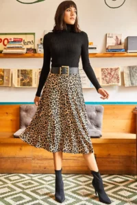 Olalook Women's Mink Leopard Elastic Waist Suede Textured Bell Skirt - Image 4