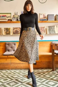 Olalook Women's Mink Leopard Elastic Waist Suede Textured Bell Skirt - Image 5