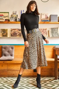 Olalook Women's Mink Leopard Elastic Waist Suede Textured Bell Skirt - Image 6