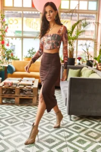 Olalook Women's Bitter Brown Slit Drape Detailed Zippered Midi Sandy Skirt - Image 3