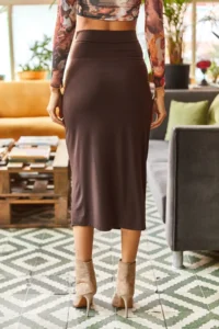 Olalook Women's Bitter Brown Slit Drape Detailed Zippered Midi Sandy Skirt - Image 4