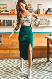 Olalook Women's Emerald Green Slit Drape Detailed Zippered Midi Sandy Skirt