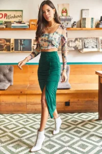 Olalook Women's Emerald Green Slit Drape Detailed Zippered Midi Sandy Skirt - Image 2