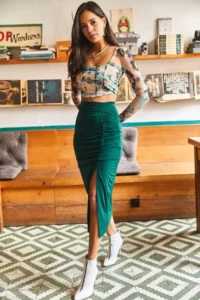 Olalook Women's Emerald Green Slit Drape Detailed Zippered Midi Sandy Skirt - Image 3