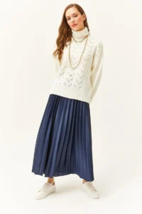 Olalook Women's Navy Blue Leather Look Pleated A-Line Skirt - Image 2