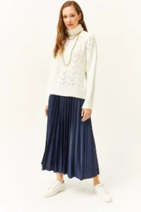 Olalook Women's Navy Blue Leather Look Pleated A-Line Skirt - Image 3