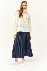 Olalook Women's Navy Blue Leather Look Pleated A-Line Skirt - Image 4