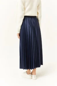 Olalook Women's Navy Blue Leather Look Pleated A-Line Skirt - Image 5
