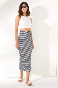 Olalook Women's Black Slit Striped Lycra Midi Skirt - Image 2