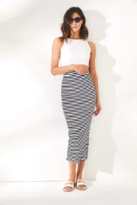 Olalook Women's Black Slit Striped Lycra Midi Skirt - Image 3