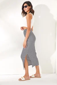 Olalook Women's Black Slit Striped Lycra Midi Skirt - Image 4