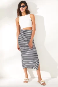 Olalook Women's Black Slit Striped Lycra Midi Skirt - Image 5