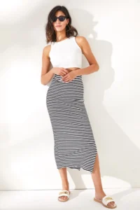 Olalook Women's Black Slit Striped Lycra Midi Skirt - Image 6
