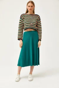 Olalook Women's Emerald Green Elastic Waist Flowy Twist Skirt - Image 2