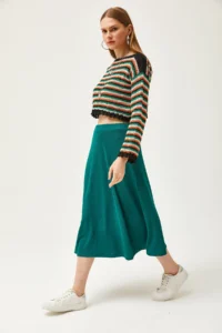 Olalook Women's Emerald Green Elastic Waist Flowy Twist Skirt - Image 5