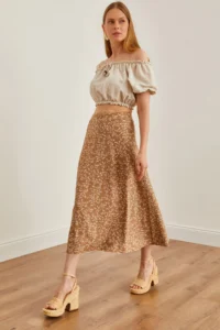 Olalook Women's Japanese Beige Elastic Waist Patterned Long Skirt