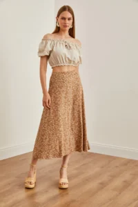 Olalook Women's Japanese Beige Elastic Waist Patterned Long Skirt - Image 2