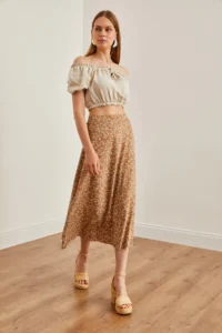 Olalook Women's Japanese Beige Elastic Waist Patterned Long Skirt - Image 3