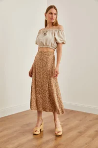 Olalook Women's Japanese Beige Elastic Waist Patterned Long Skirt - Image 4