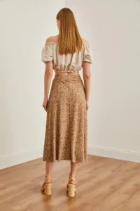 Olalook Women's Japanese Beige Elastic Waist Patterned Long Skirt - Image 5