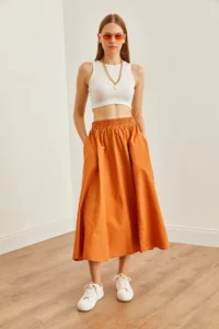 Olalook Women's Cinnamon Pocket Elastic Waist Midi Woven Bell Skirt - Image 2