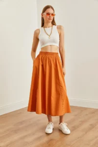 Olalook Women's Cinnamon Pocket Elastic Waist Midi Woven Bell Skirt - Image 3