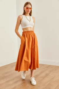 Olalook Women's Cinnamon Pocket Elastic Waist Midi Woven Bell Skirt - Image 4