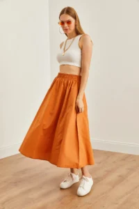 Olalook Women's Cinnamon Pocket Elastic Waist Midi Woven Bell Skirt - Image 5