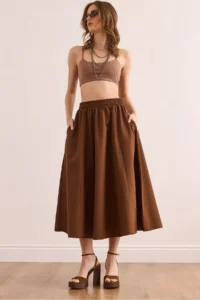 Olalook Women's Bitter Brown Pocketed Elastic Waist Midi Woven Bell Skirt